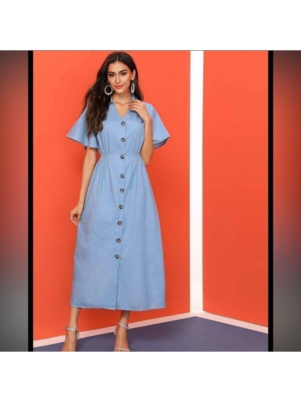 NWOT Zara chambray flutter sleeve midi dress